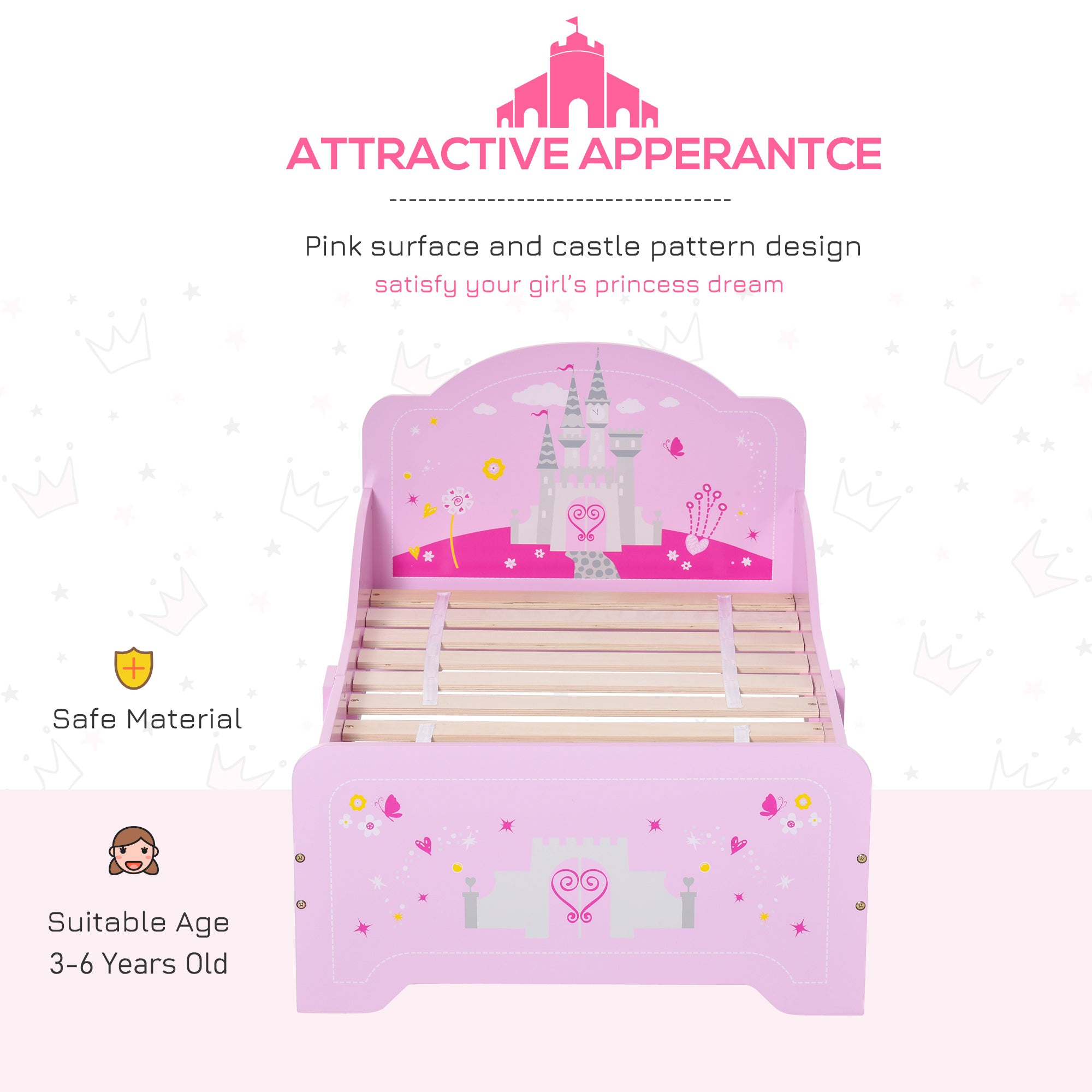 HOMCOM Kids Bed Princess Castle Theme w/ Side Rails Slats Home Furniture for 3 - 6 Yrs Pink 143 x 73 x 60 cm 