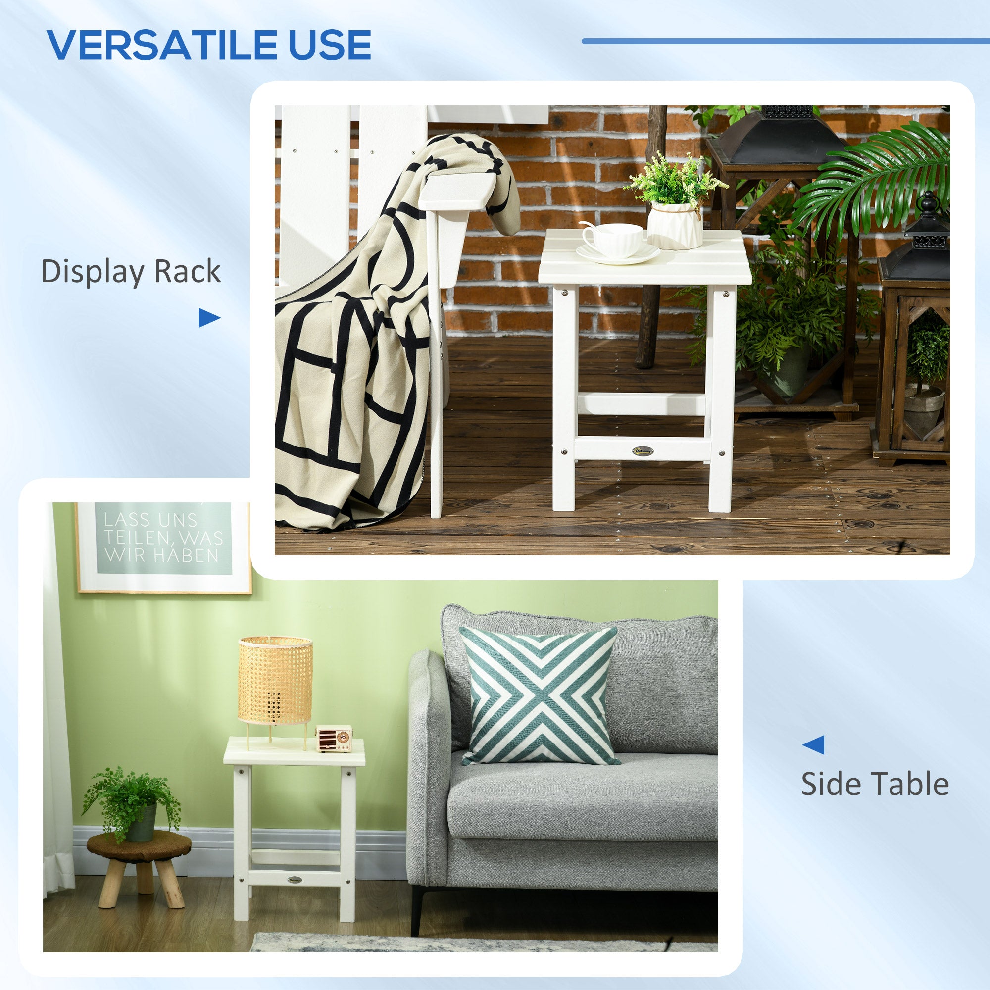 Outsunny Square Coffee Table, HDPE Tabletop and Frame for Porch, Garden, Side Table, 38 x 38 x 46 cm, White 