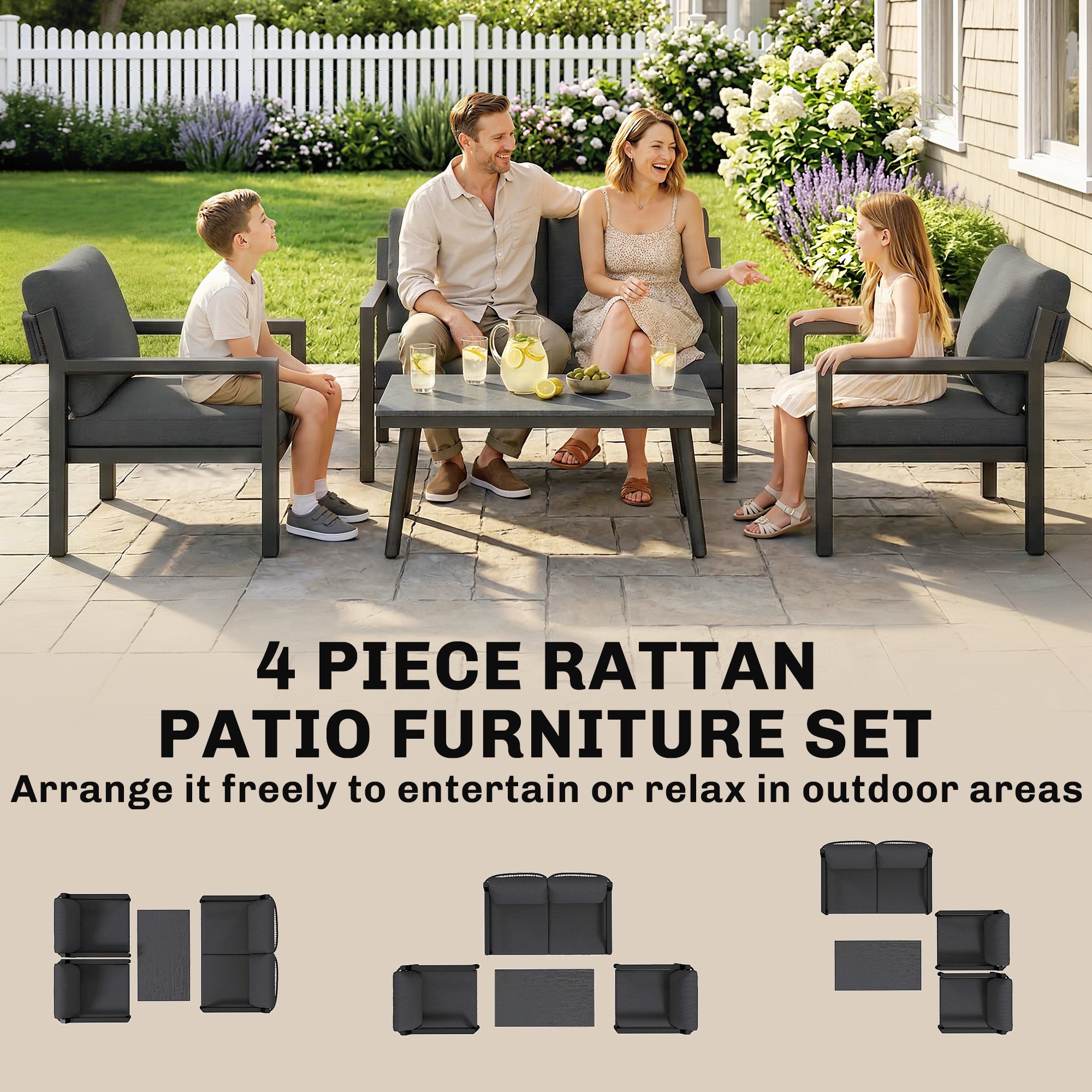 Outsunny 4 Seater Rattan Garden Furniture Set with 2 Armchairs, Loveseat, Coffee Table, Garden Sofa Set with Cushions, Dark Grey 