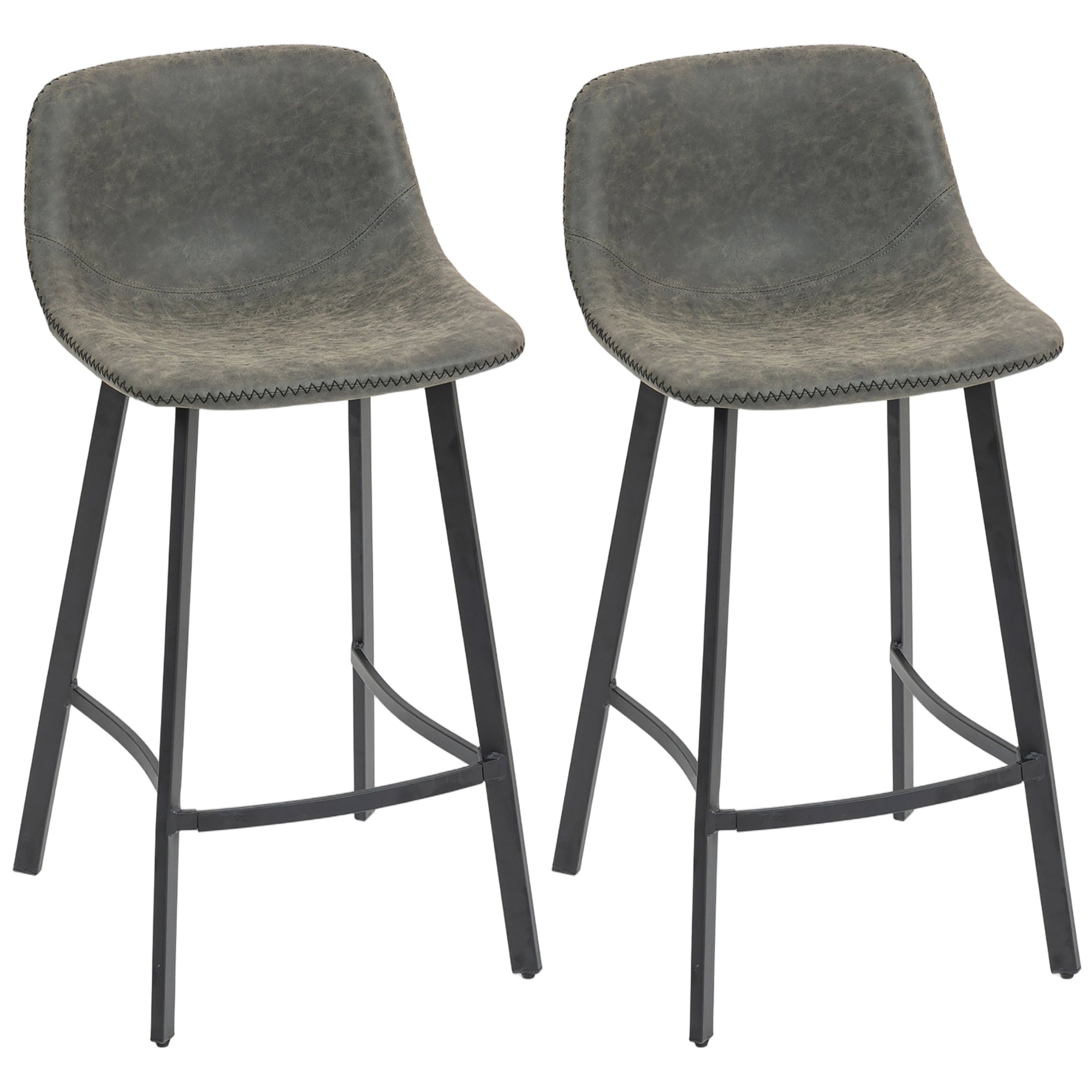 HOMCOM Bar Stools Set of 2, PU Leather Dining Stools with Backrest, Footrest, for Kitchen, Counter, Breakfast Bar, Grey 