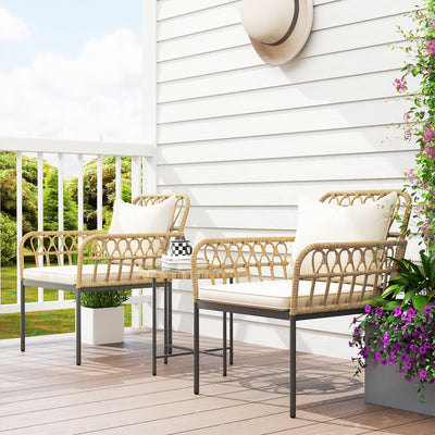 Outsunny 3 Piece Rattan Bistro Set, Wicker Garden Furniture Set with Cushions, Glass Top Coffee Table and Chairs for Outdoor, Patio, Balcony, Beige 