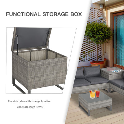 Outsunny 4 Pieces Rattan Garden Furniture Set, 4 Seater Garden Sofa Set with Storage Box, Loveseats and Glass Top Table, Wicker Outdoor Conservatory Furniture with Cushions for Outdoor, Patio, Grey 