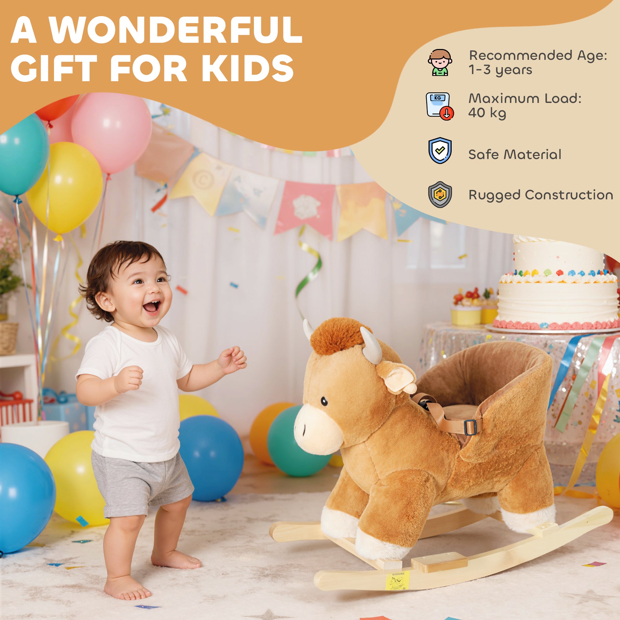 AIYAPLAY Baby Rocking Horse with Safety Belt, Wood Base, Animal Rocker for Children, Brown 