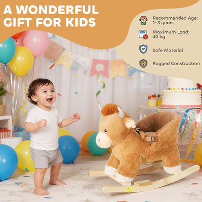 AIYAPLAY Baby Rocking Horse with Safety Belt, Wood Base, Animal Rocker for Children, Brown 