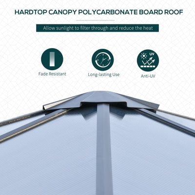 Outsunny 3 x 3(m) Hardtop Gazebo Canopy with Polycarbonate Roof, Aluminium Frame, Permanent Pavilion Garden Gazebo with Netting and Curtains for Patio, Deck, Dark Grey 