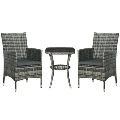 Outsunny 3 Pieces Rattan Bistro Set, Wicker Garden Furniture Set with 2-Tier Coffee Table and Chairs, Washable Cushions, for Outdoor Patio Balcony, Mixed Grey 