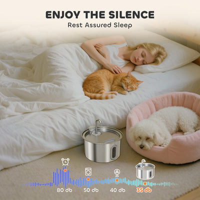 PawHut 2.5L Stainless Steel Cat Water Fountain for Drinking with Ultra-Silent Pump, Water-Level Window, Filters 