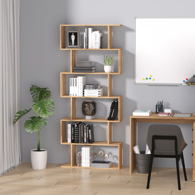 HOMCOM Bookcase, 6 Tier Shelf S Shaped Bookshelf, Storage Unit, Display Shelf for Living Room, Bedroom, Home Office, Plant, Oak 
