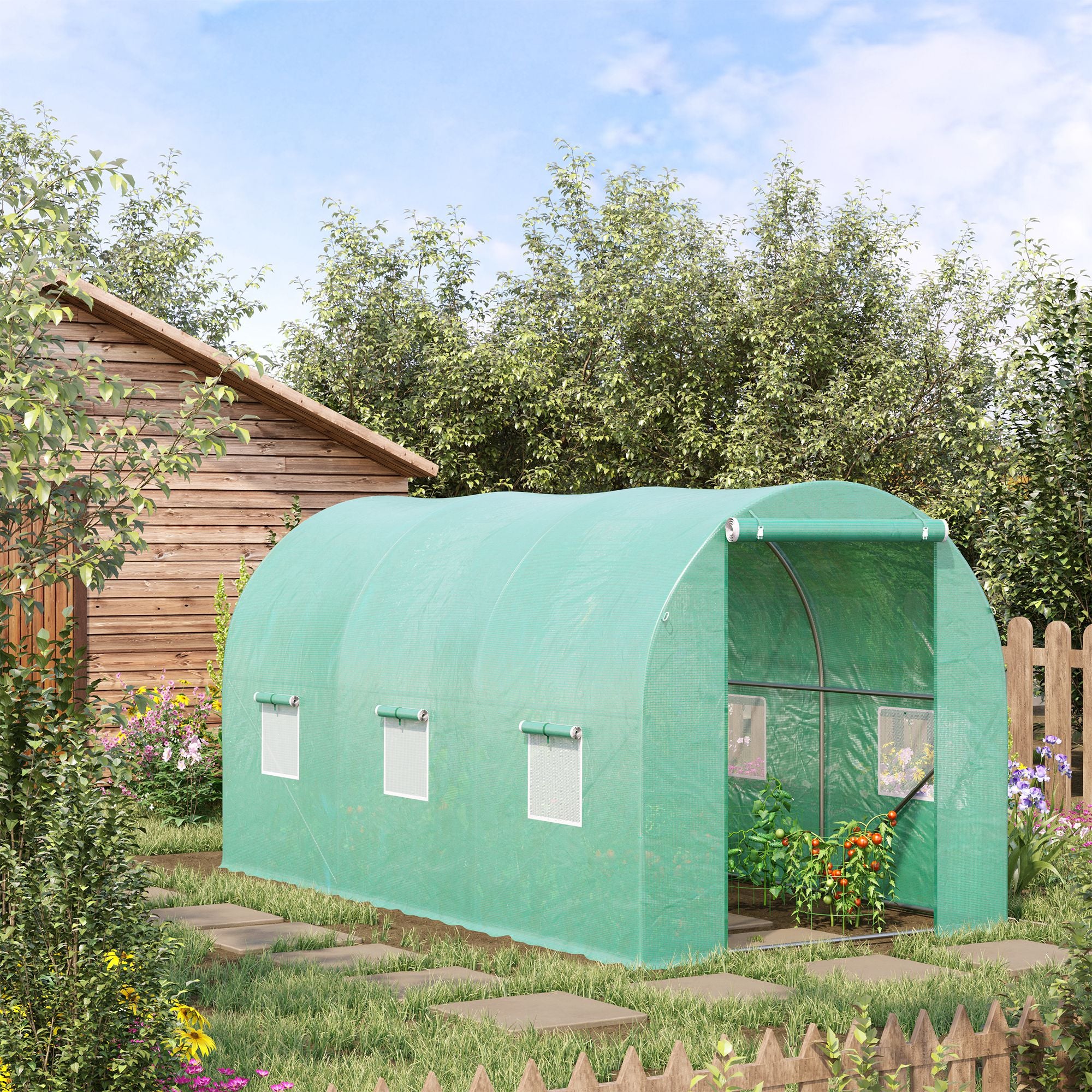 Outsunny 4 x 2 x 2 m Polytunnel Greenhouse with Roll-up Door and 6 Mesh Windows, Walk-in Garden Tunnel Warm House Tent with UV-resistant PE Cover and Galvanised Steel Frame, Green 