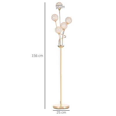 HOMCOM Crystal Floor Lamps for Living Room Bedroom with 5 Light, Modern Upright Standing Lamp, 34x25x156cm, Gold Tone 