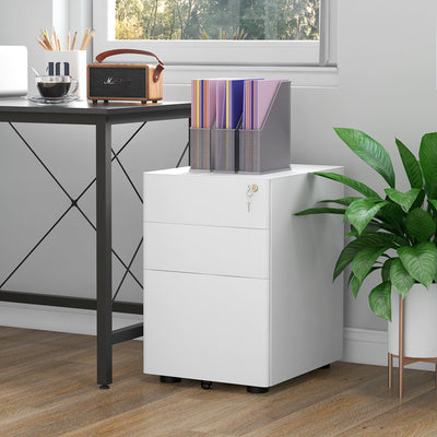 Vinsetto Lockable Cabinet, Rolling Filing Cabinet with 3 Drawers, Steel Office Drawer Unit for A4, Letter, Legal Sized Files 