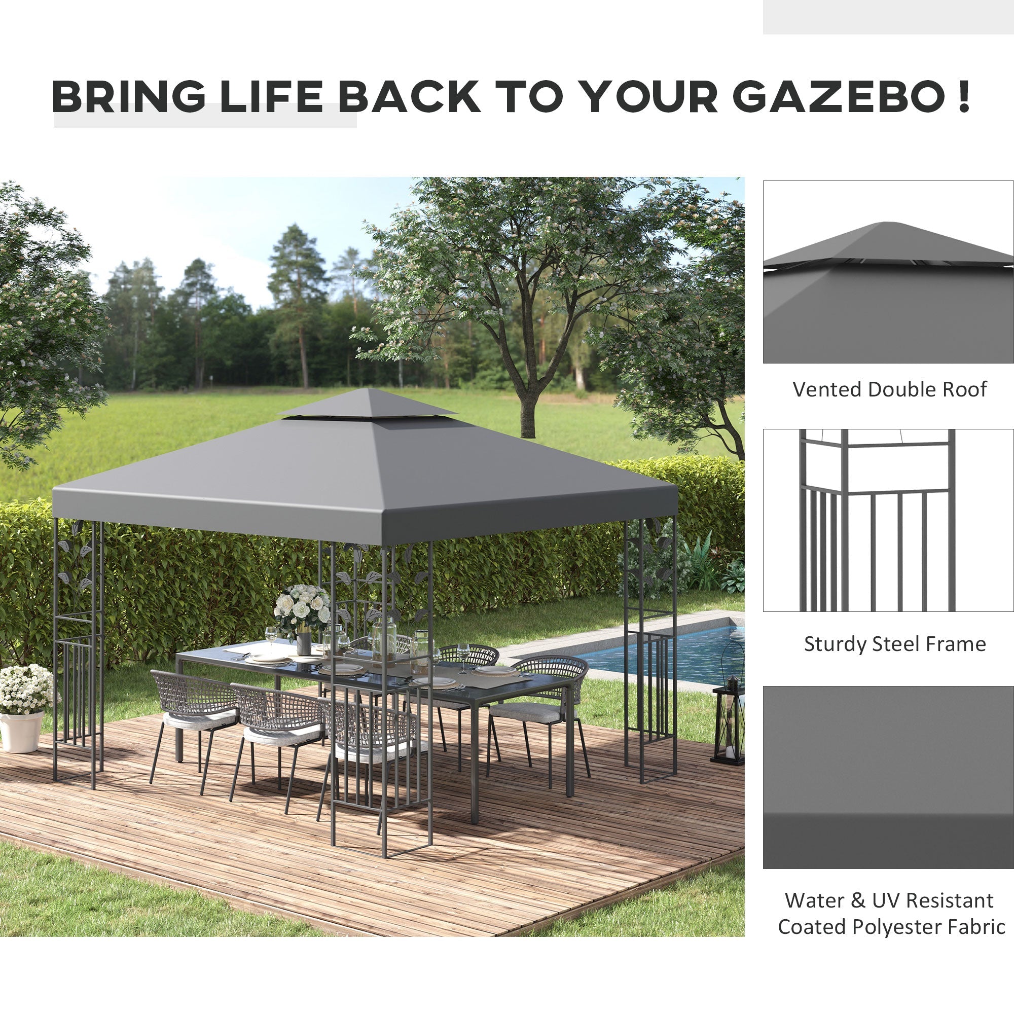 Outsunny 3 x 3m Outdoor Steel Gazebo with 2 Tier Roof, Garden Gazebo Patio Canopy Marquee Shelter with Decorative Steel Frame - Grey 