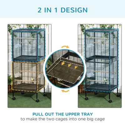 PawHut Bird Cage Budgie Cage 2 In 1 Large Aviary with Wheels Removable Trays for Finch Canaries Cockatiels Black 