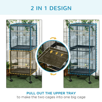 PawHut Bird Cage Budgie Cage 2 In 1 Large Aviary with Wheels Removable Trays for Finch Canaries Cockatiels Black