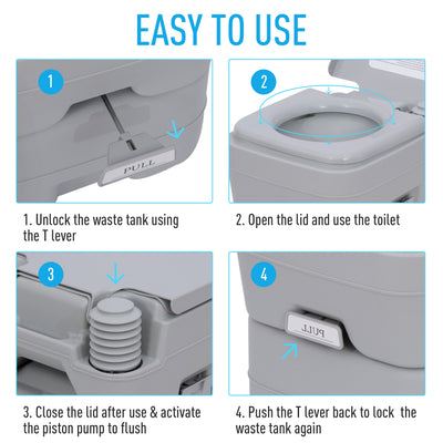Outsunny 20L Portable Travel Mobile Toilet Outdoor Camping Handle WC with 2 Detachable Tanks & Push-button Operation, Grey 
