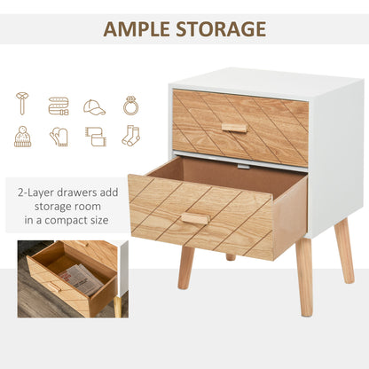 HOMCOM 2 Drawers Bedside Table with Pine Legs, Bedroom Wooden Storage Cabinet, Natural 