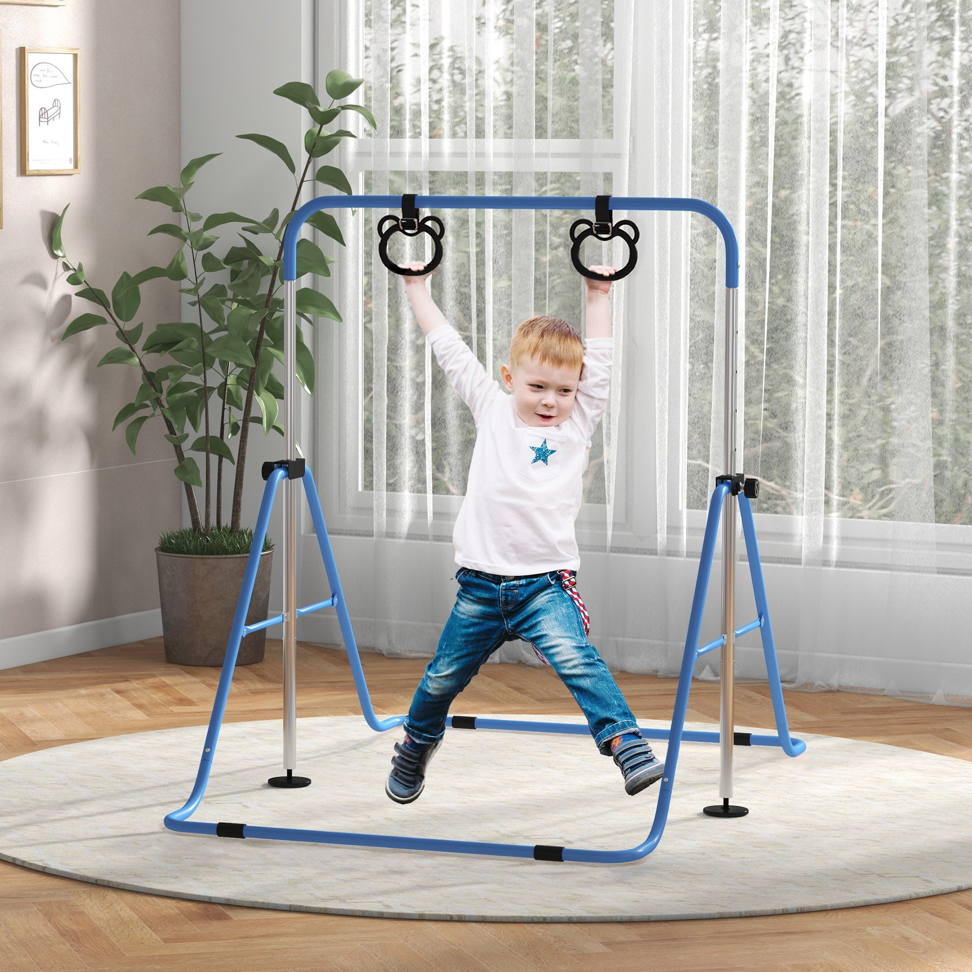 HOMCOM Adjustable Height, Foldable Kids Gymnastics Bar w/ Non-Slip Mats, for 3+ Years, Blue 