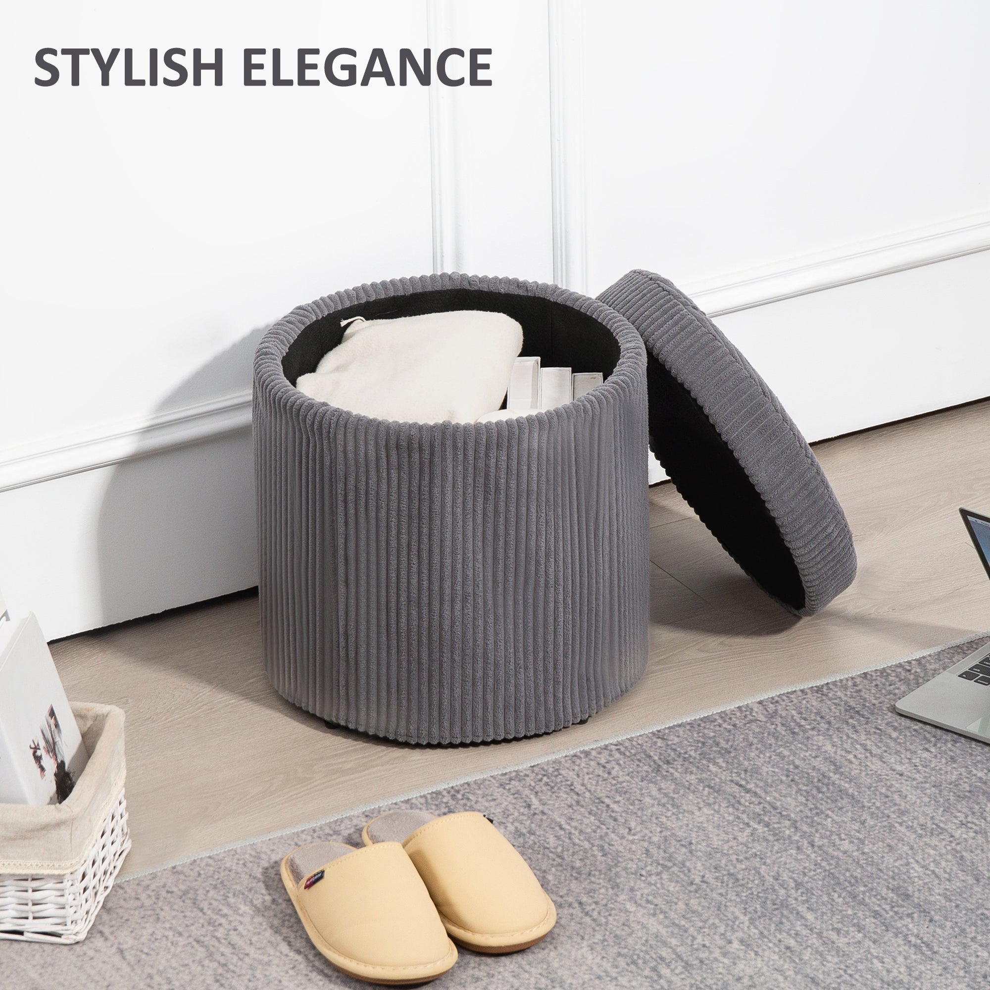 HOMCOM 40cm Round Storage Ottoman, Corduroy Footstool with Removable Lid and Legs, Vanity Stool for Living Room, Bedroom, Grey 