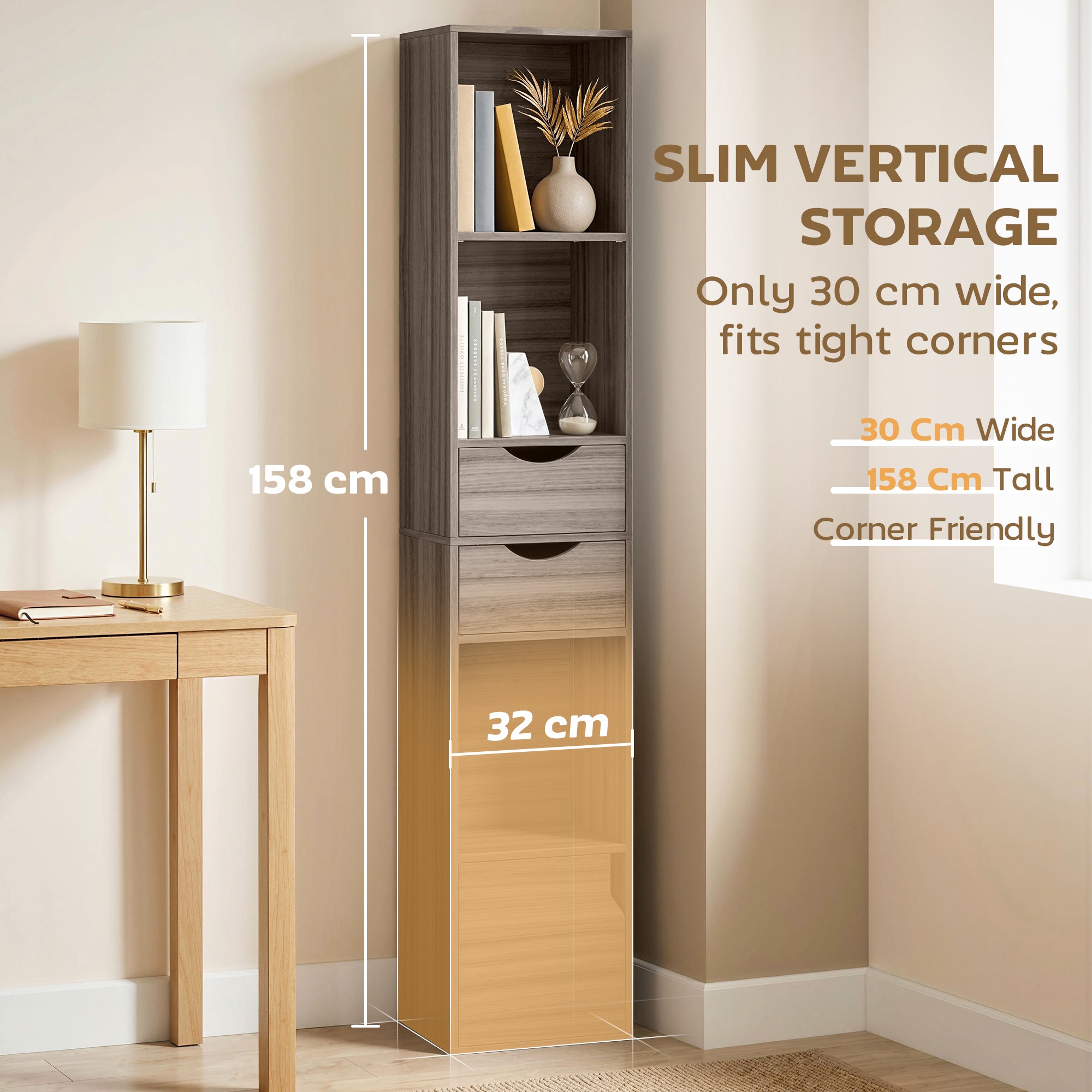 HOMCOM Bookcase with Drawers Adjustable Shelf Bookshelf with 2 Drawers and Cabinet 158 cm Grey 