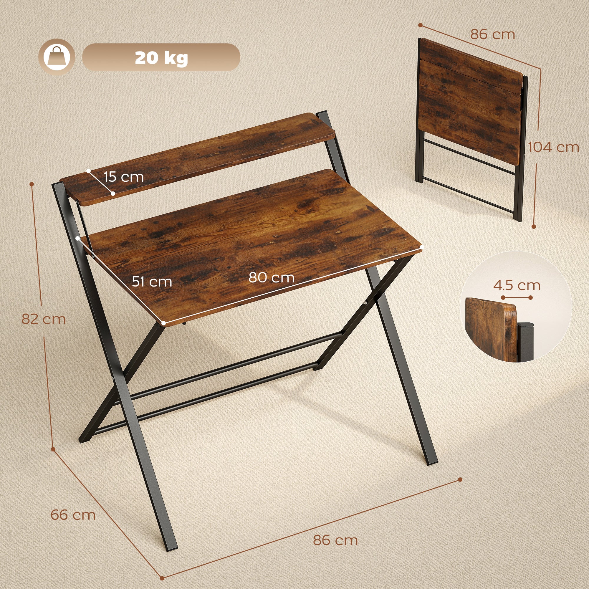 HOMCOM Compact Folding Desk for Small Spaces with Storage Shelf for Home Office, Rustic Brown 
