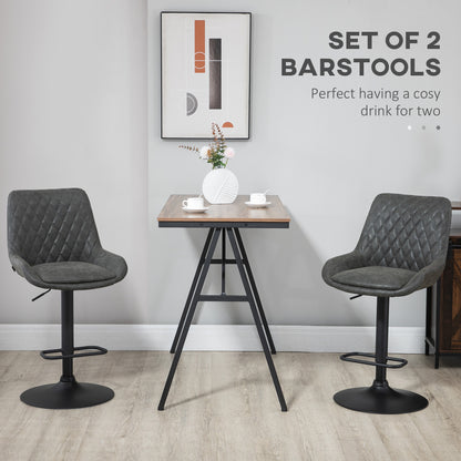 HOMCOM Grey Bar Stools Set of 2, Upholstered Retro Bar and Kitchen Chairs with Back, Swivel Seat, PU Leather