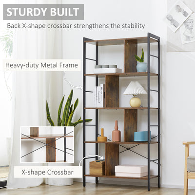 HOMCOM Industrial Storage Unit, 5 Tiers Bookcase with Open Compartments for Office Living Room, Bedroom, Rustic Brown and Black 