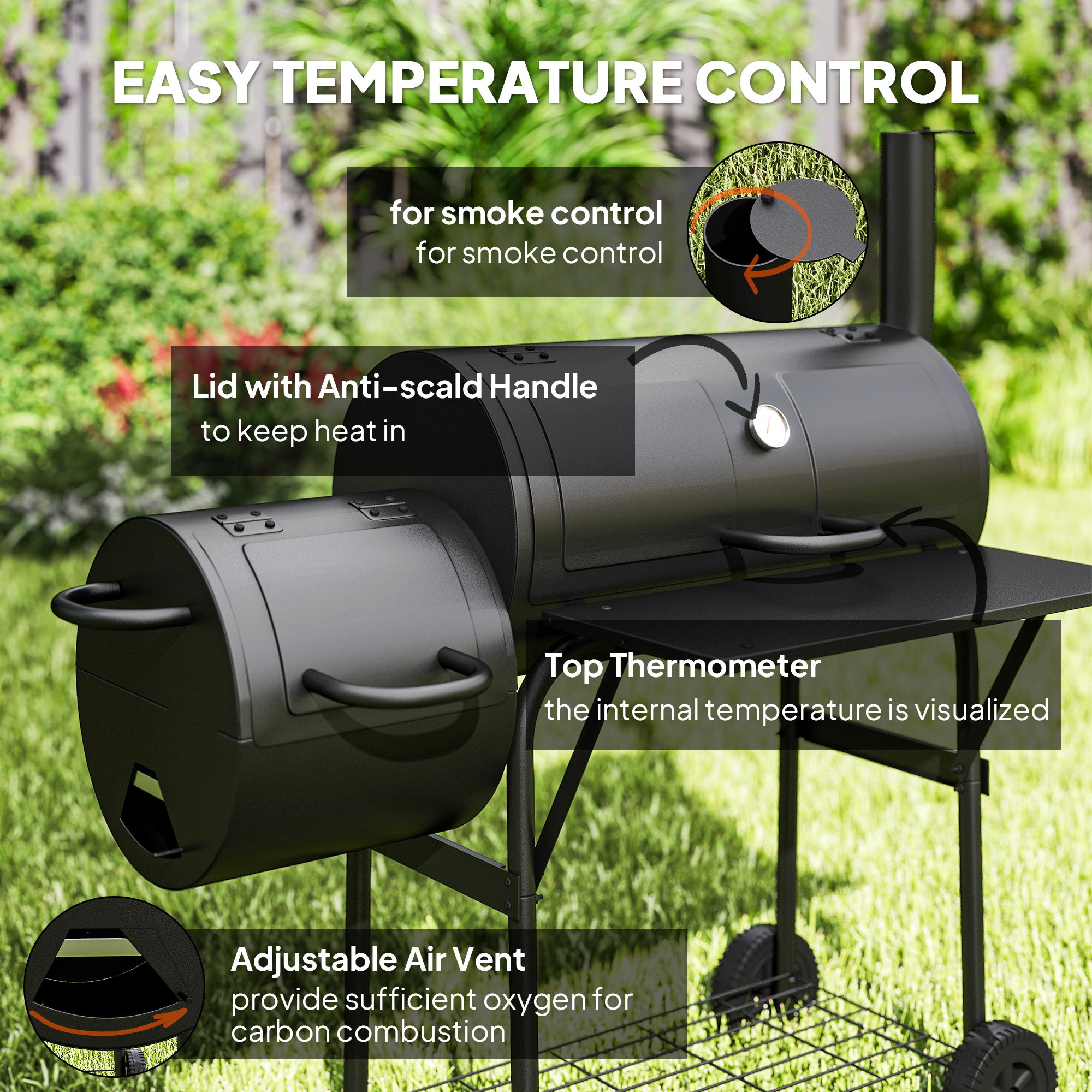 Outsunny Barbecue Grill Portable Outdoor Charcoal BBQ Grill with Offset Smoker 109 x 60 x 120 cm Black 