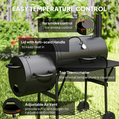 Outsunny Barbecue Grill Portable Outdoor Charcoal BBQ Grill with Offset Smoker 109 x 60 x 120 cm Black 