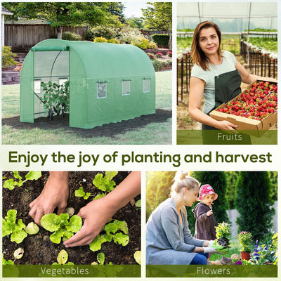 Outsunny 3.5 x 2m Walk-In Polytunnel Greenhouse, with Steel Frame, PE Cover, Roll-Up Door and 6 Windows, Green 