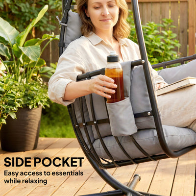 Outsunny Hanging Egg Chair, Indoor Outdoor Swinging Hammock Chair with Stand, Foldable Basket, Side Pocket, Dark Grey 