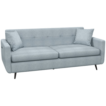 HOMCOM 165cm 3 Seater Sofa for Living Room, Modern Fabric Couch, Tufted Small Couch Sofa Settee with Steel Legs and 2 Storage Pockets for Bedroom and Home Office, Blue 