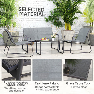 Outsunny 4 Piece Garden Furniture Set Outdoor Patio Sofa Set with Double Chair, Single Chairs and Glass Top Table for Terrace and Balcony, Light Grey 