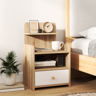 HOMCOM Multi-Storage Bedside Table - White/Wood-Effect 
