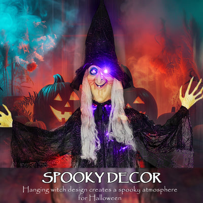 Outsunny 183 cm Life Size Halloween Animated Hanging Witch with Glowing LED Eyes & Body, Spooky Witch Scary Halloween Decorations, Battery Operated, Indoor Party Props 