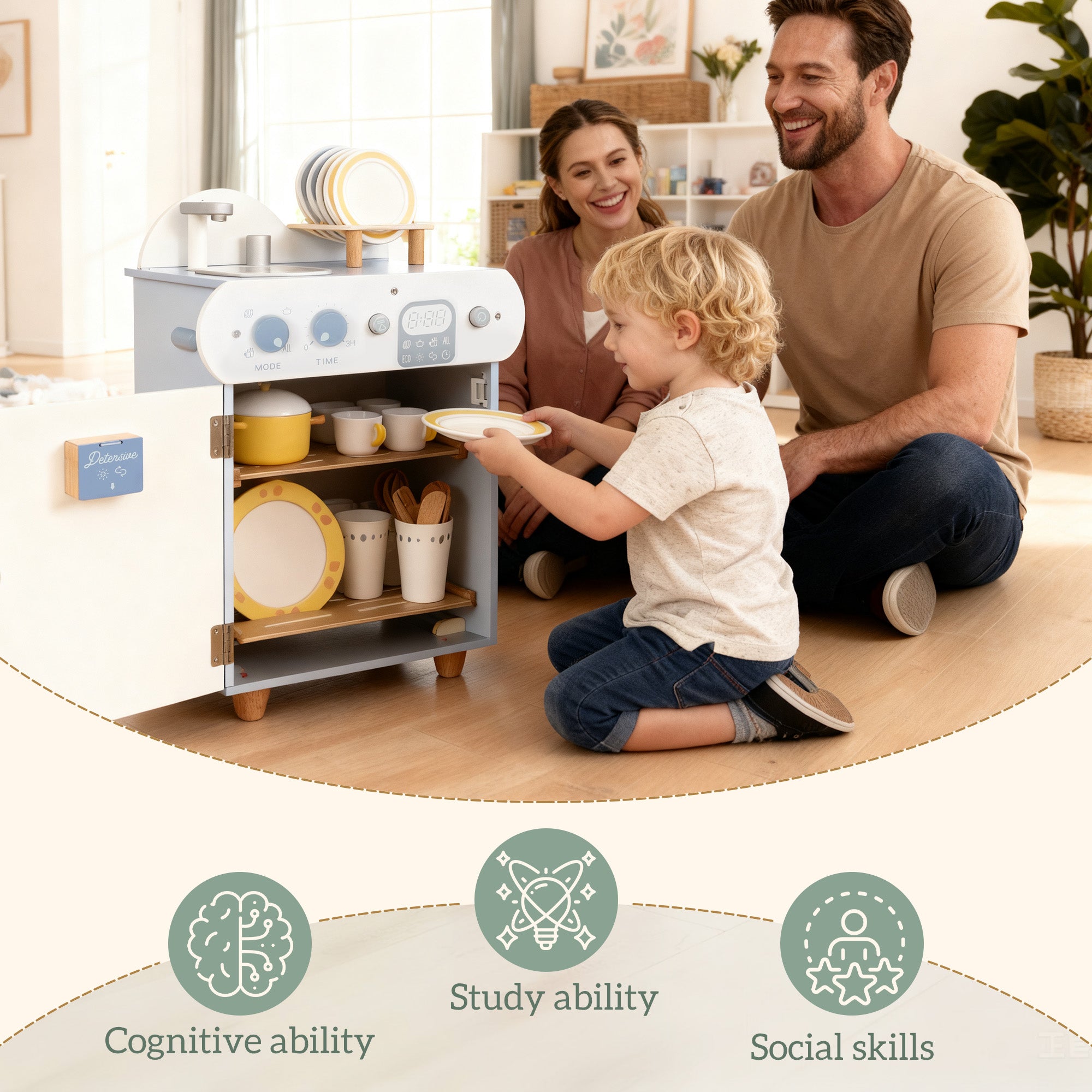 AIYAPLAY Wooden Dishwasher Playset, Kitchen Sink Toys with Faucet, Sink and Accessories, Gift for Boys Girls Toddlers 