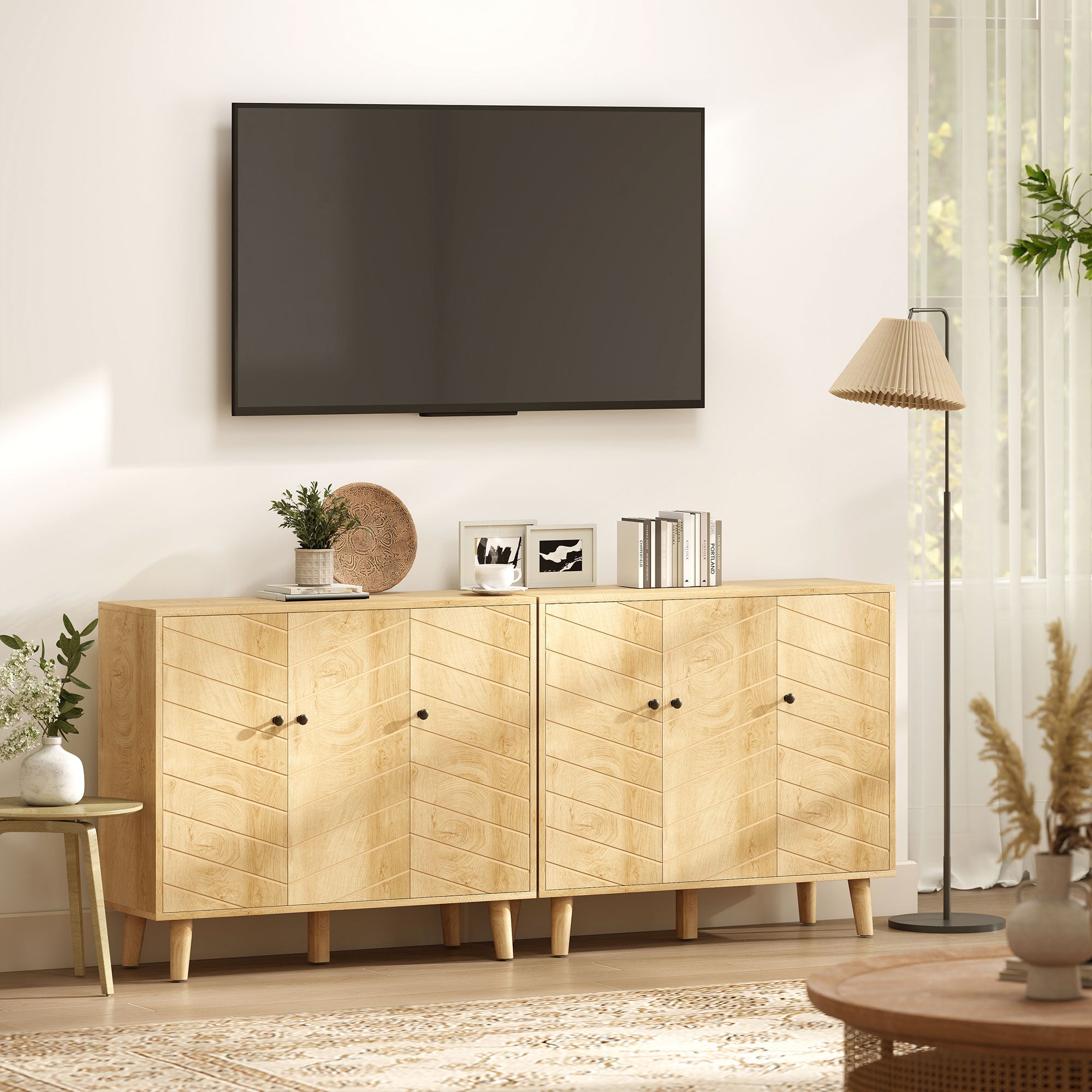 HOMCOM Vintage Sideboard with Chevron Doors and Pine Wood Legs for Living Room, Kitchen 