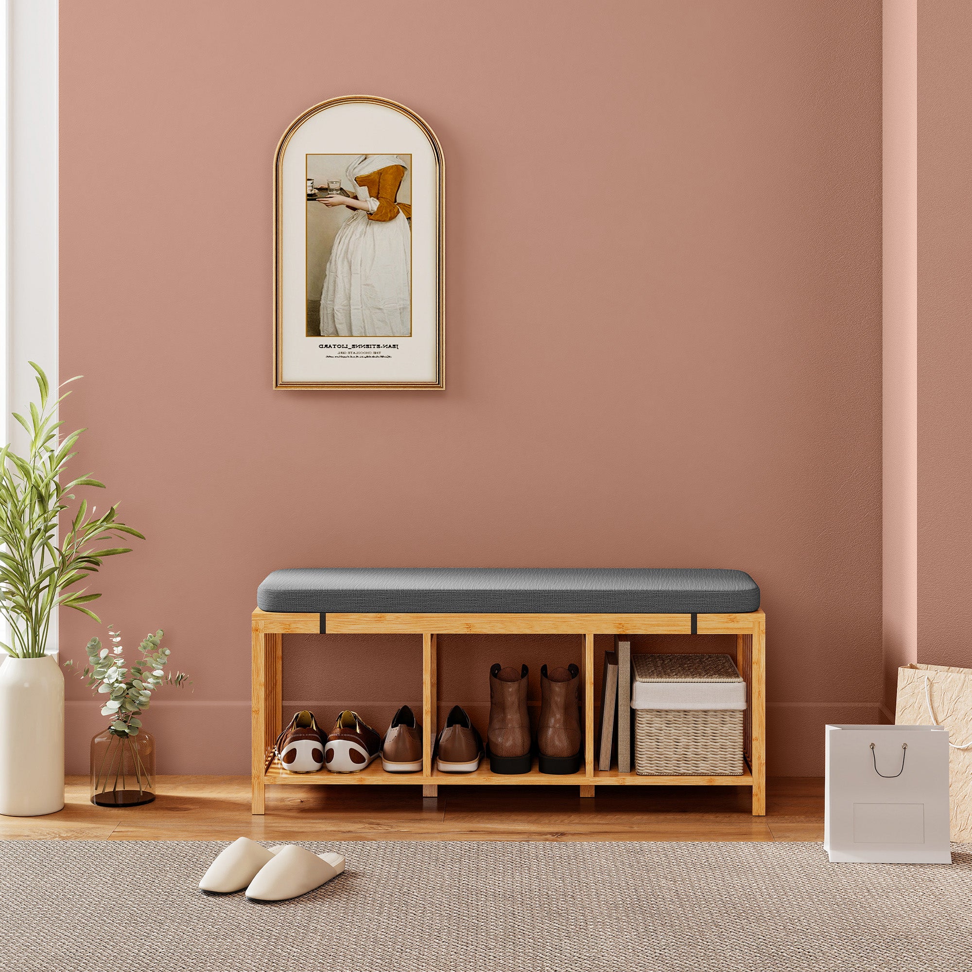 HOMCOM Bamboo Shoe Bench, Entryway Storage Bench with Padded Cushion and Open Shelf, Natural Wood Finish 