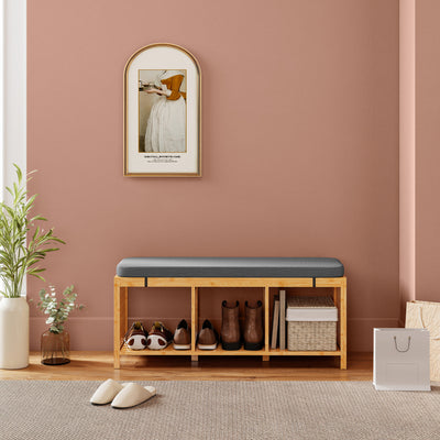 HOMCOM Bamboo Shoe Bench, Entryway Storage Bench with Padded Cushion and Open Shelf, Natural Wood Finish 