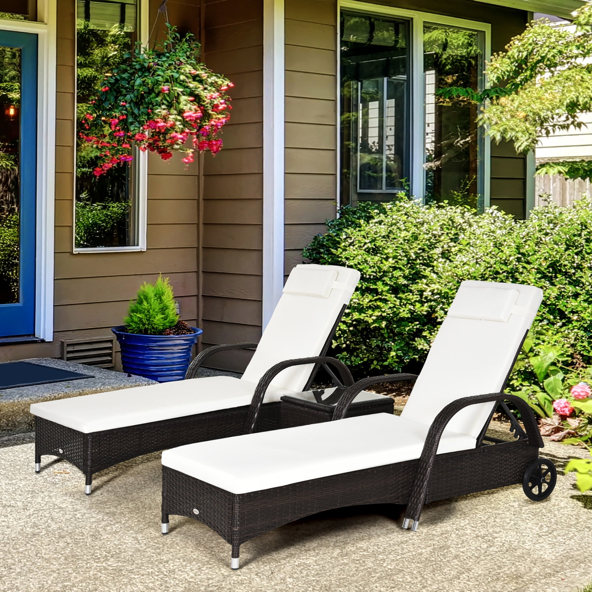 Outsunny 3 Pieces PE Rattan Patio Lounge Chair Set, Outdoor Recliner Lounge Chairs with Wheels, for Outside with Cushions, Headrest, Coffee Table for Garden, Poolside, Brown 