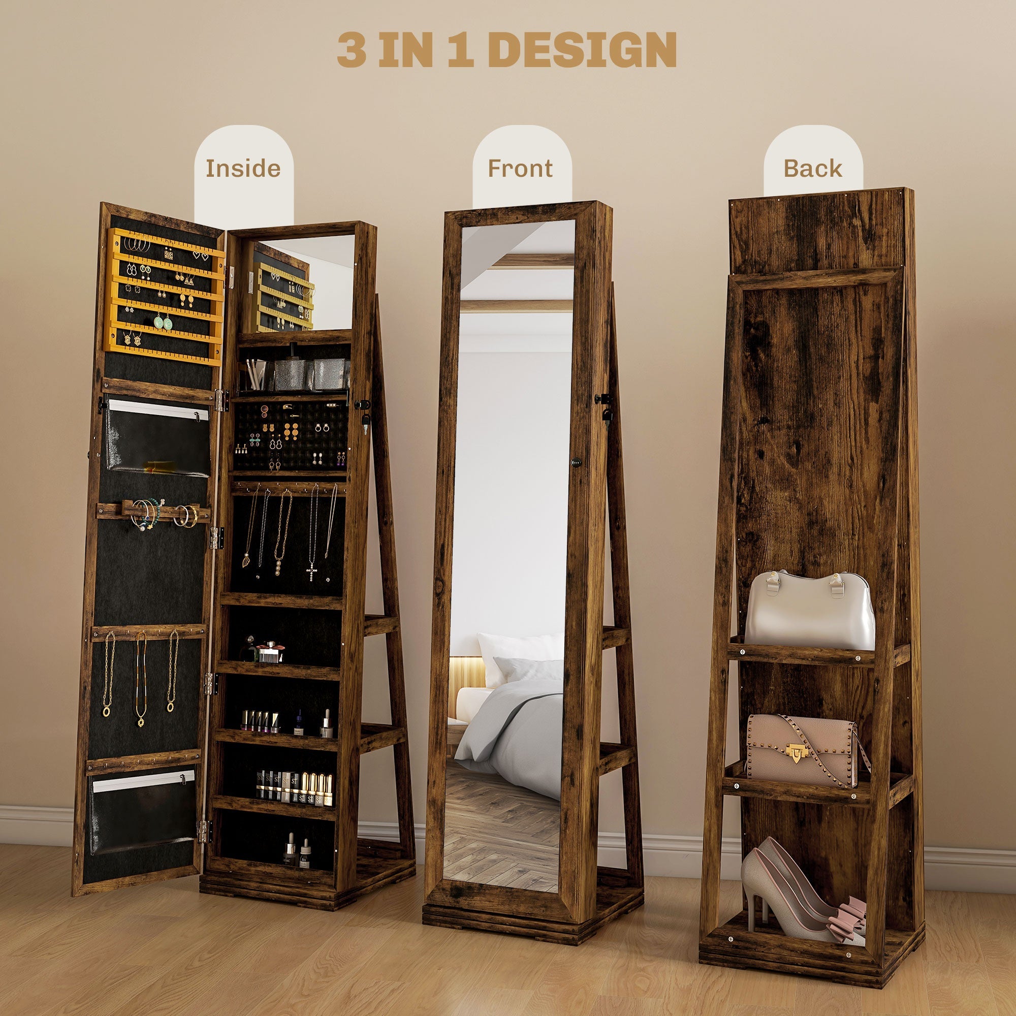 HOMCOM 360° Swivel Jewellery Cabinet, Mirror Armoire, Full Length Mirror, Lockable Jewellery Organiser with Built-In Small Mirror, Rustic Brown 