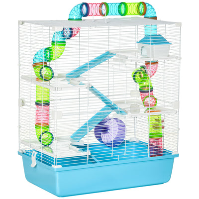 PawHut Hamster Cage w/ Water Bottle, Exercise Wheel, Tubes, Ramps - Light Blue 
