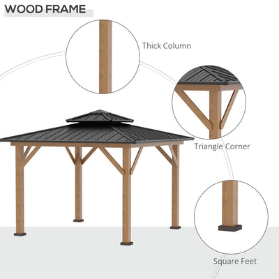 Outsunny 3.5 x 3.5m Outdoor Hardtop Gazebo Canopy with Two-tier Metal Roof and Solid Wood Frame Outdoor Patio Shelter for Patio, Garden, Grey 