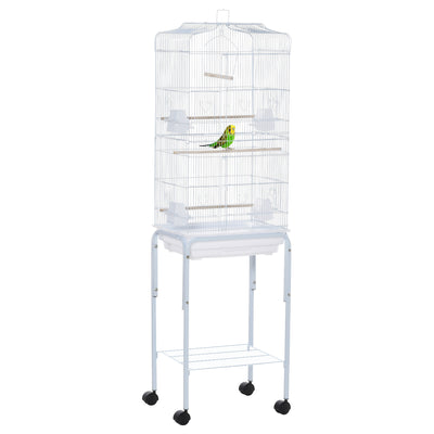 PawHut Bird Cage Budgie Cages for Finch Canary Parakeet with Stand Wheels Slide-out Tray Accessories Storage Shelf, White 46.5 x 36 x 157 cm 