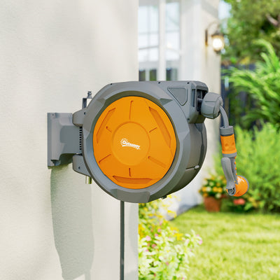 Outsunny Retractable Hose Reel Wall Mounted, 30+2m Garden Hose Pipe Reel with Lock, Auto Rewind, 7 in 1 Spray Nozzle, Includes Wall Fixings, 180° Swivel, Outdoor Watering, Orange 