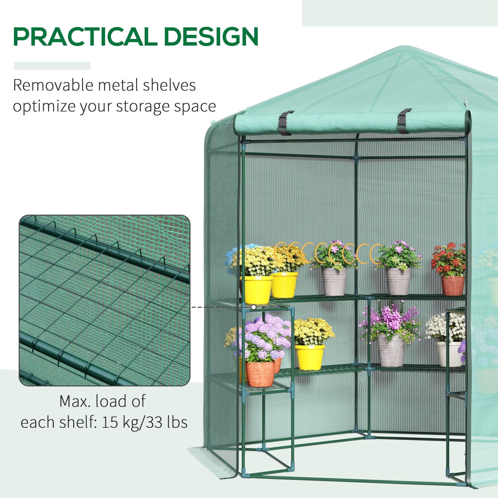 Outsunny Hexagon Walk In Greenhouse with Shelves, Outdoor Green House Grow House with Waterproof PE Cover and Roll-up Door, 228 x 196 x 215 cm, Green 