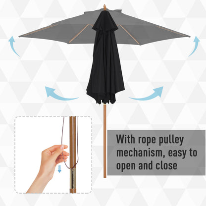 Outsunny Wooden Garden Umbrella Sun Shade with Top Vents, Bamboo Ribs and Sturdy Wood Pole, Black 