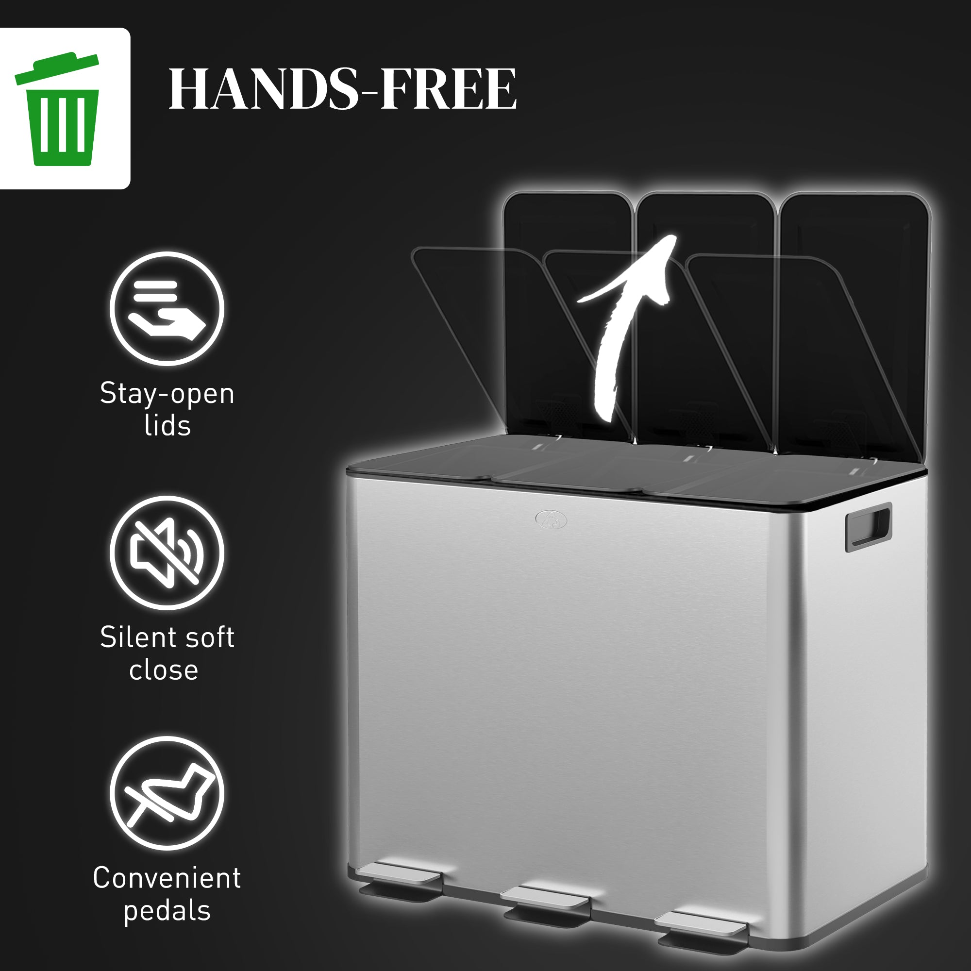 HOMCOM 3 x 20L Pedal Bin, Steel Triple Kitchen Bin with Soft Close Lid, Removable Inner Buckets, Fingerprint-Proof, Silver Tone 