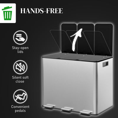 HOMCOM 3 x 20L Pedal Bin, Steel Triple Kitchen Bin with Soft Close Lid, Removable Inner Buckets, Fingerprint-Proof, Silver Tone 