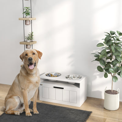 PawHut Raised Dog Bowl with Slow Feeder & 2 Stainless Steel Dog Bowl, 25L Storage Drawer, for Large & Extra Large Dogs, White 