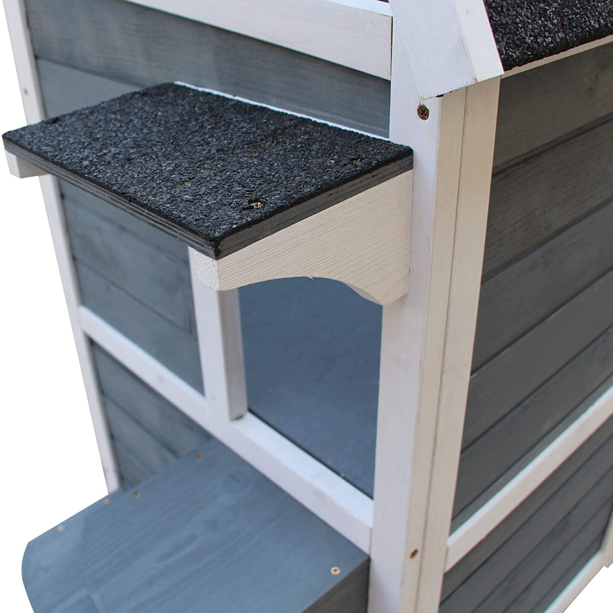 PawHut Wooden Cat House 2-Floor Outdoor Kitten Shelter with Window Grey 